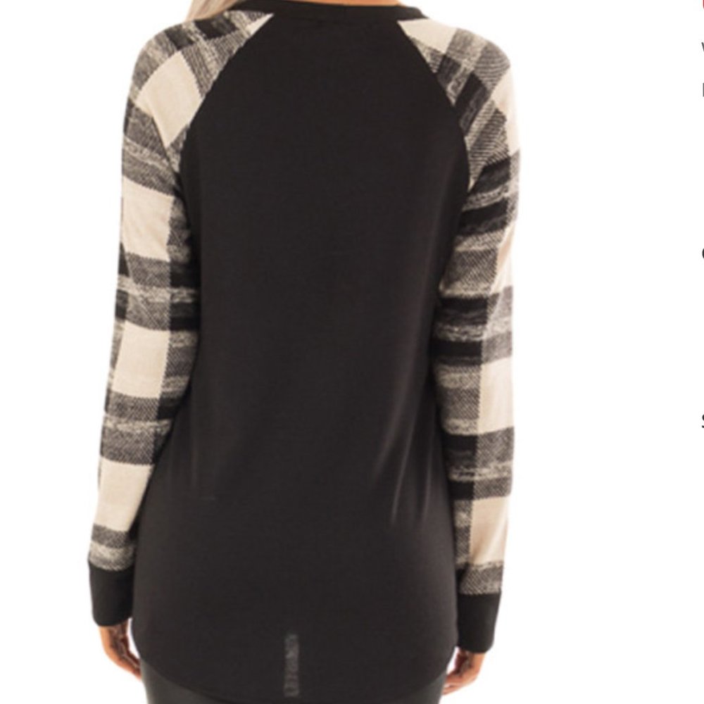 Black Shirt Black & White Plaid Sleeves - Picture 2 of 7